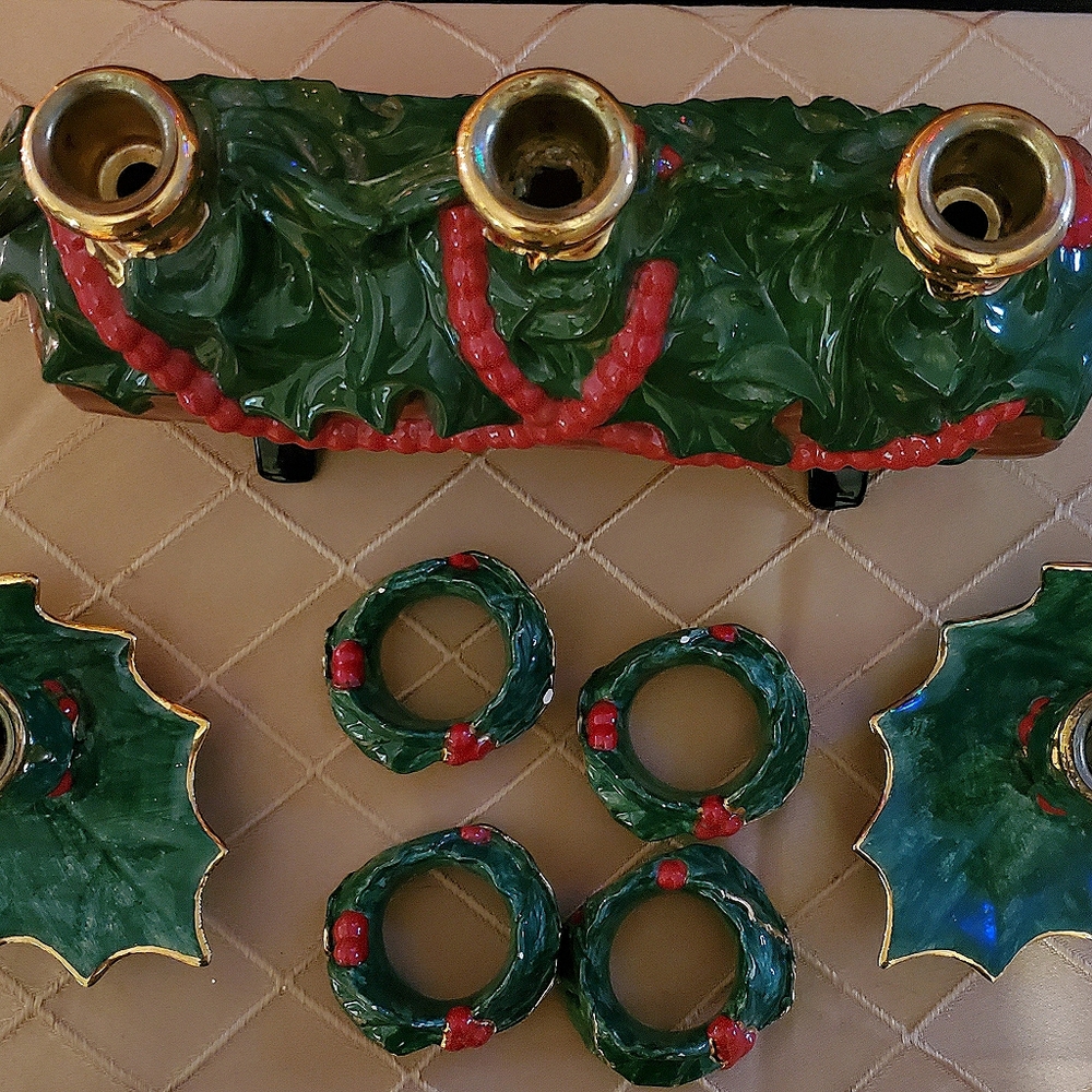 VINTAGE YULE LOG, CANDLE HOLDERS and NAPKIN RINGS